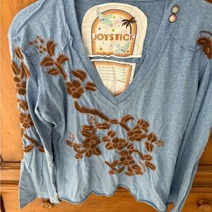 Joystick Blue Floral Embroidered Long Sleeve Top